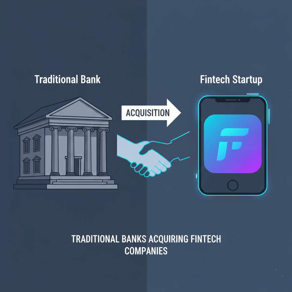 Illustration depicting traditional banks acquiring smaller fintech companies.