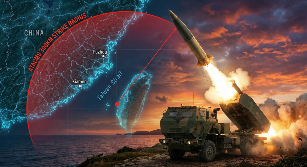 Illustration of ATACMS missile strike range from Taiwan into mainland China.