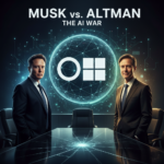 Illustration of Elon Musk and Sam Altman in a legal confrontation over OpenAI's future.