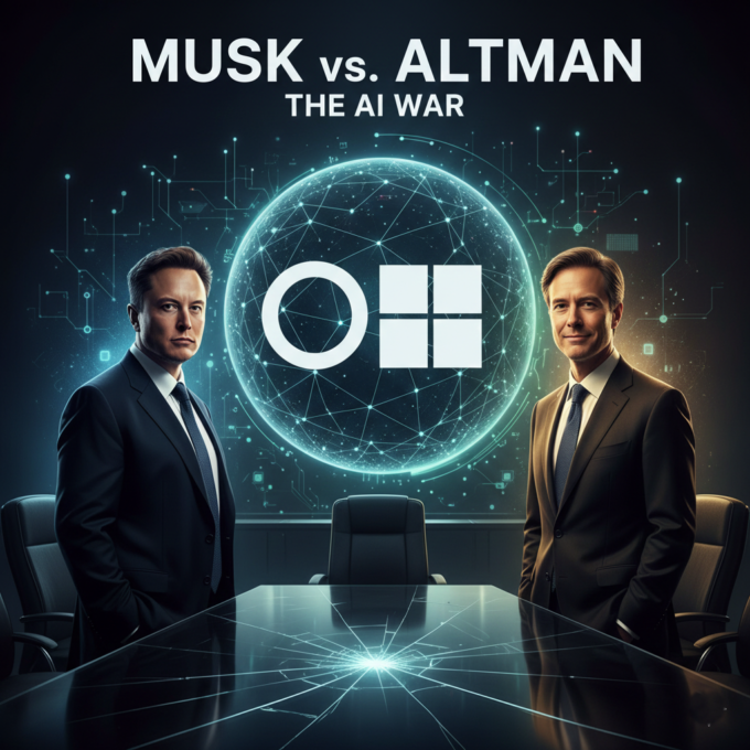 Illustration of Elon Musk and Sam Altman in a legal confrontation over OpenAI's future.