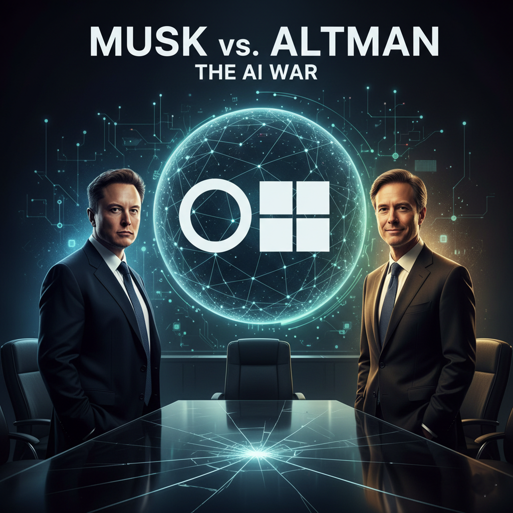 Illustration of Elon Musk and Sam Altman in a legal confrontation over OpenAI's future.