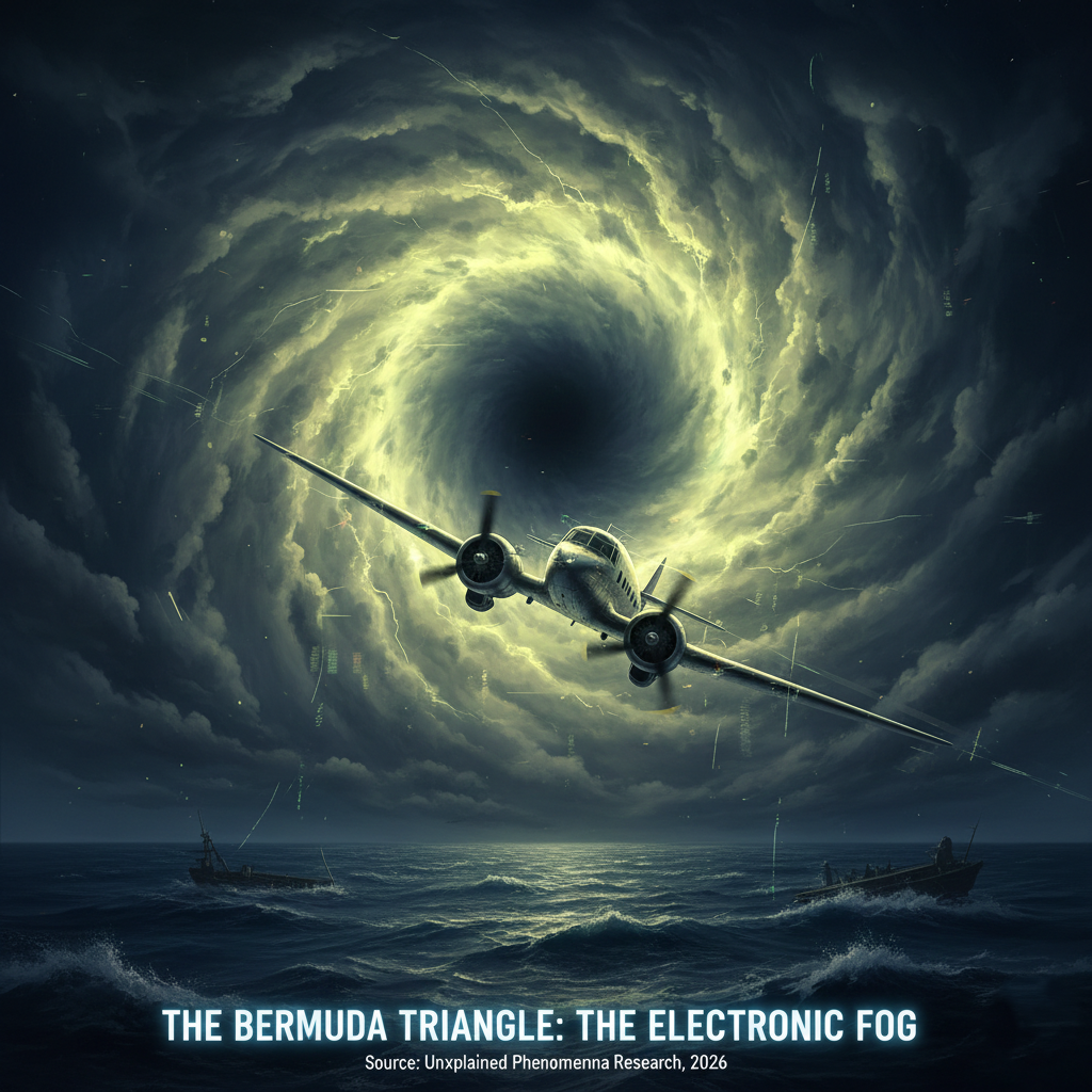 Illustration of a plane flying into a swirling vortex in the Bermuda Triangle.