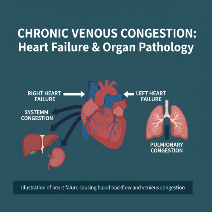 Illustration of heart failure causing blood backflow and venous congestion.
