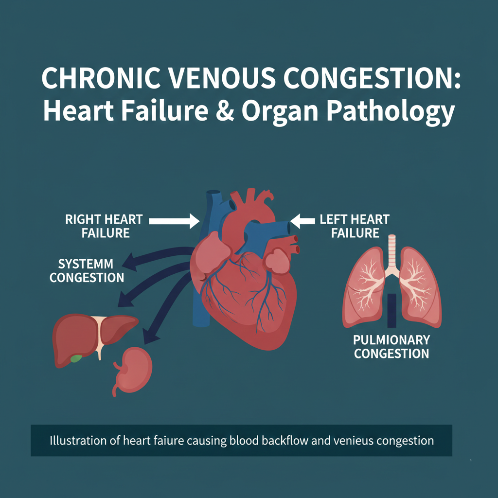 Illustration of heart failure causing blood backflow and venous congestion.