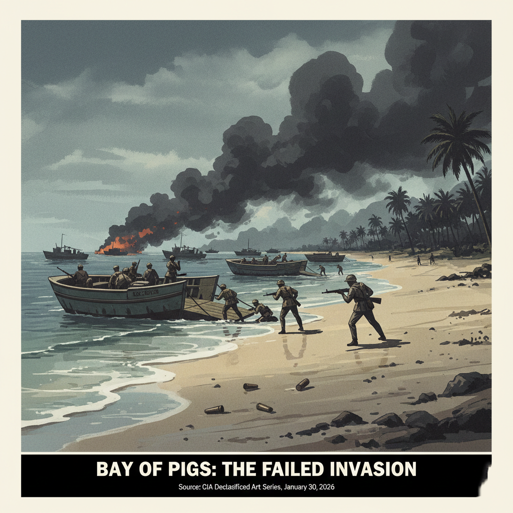 Illustration of the Bay of Pigs invasion on a Cuban beach.
