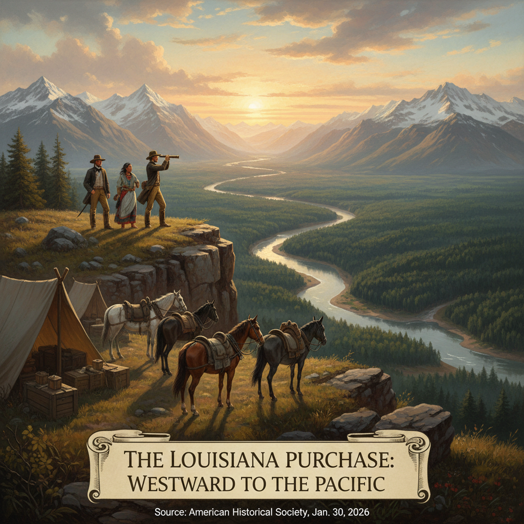 Illustration representing the Louisiana Purchase and western exploration.