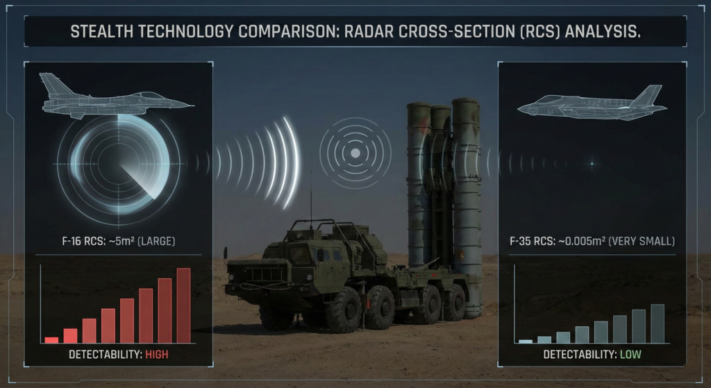 Infographic comparing F-16 and F-35 stealth capabilities against air defenses.