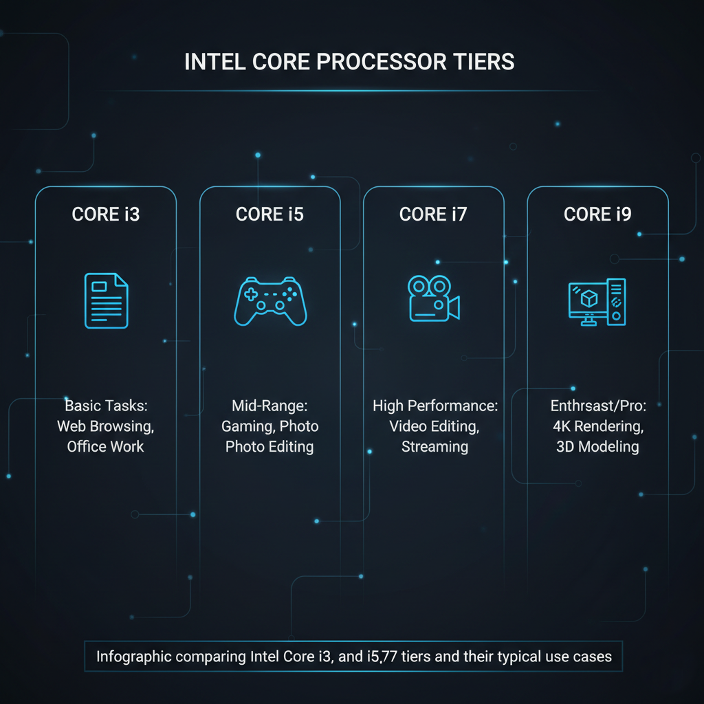 Infographic comparing Intel Core i3, i5, i7, and i9 tiers and their typical use cases.