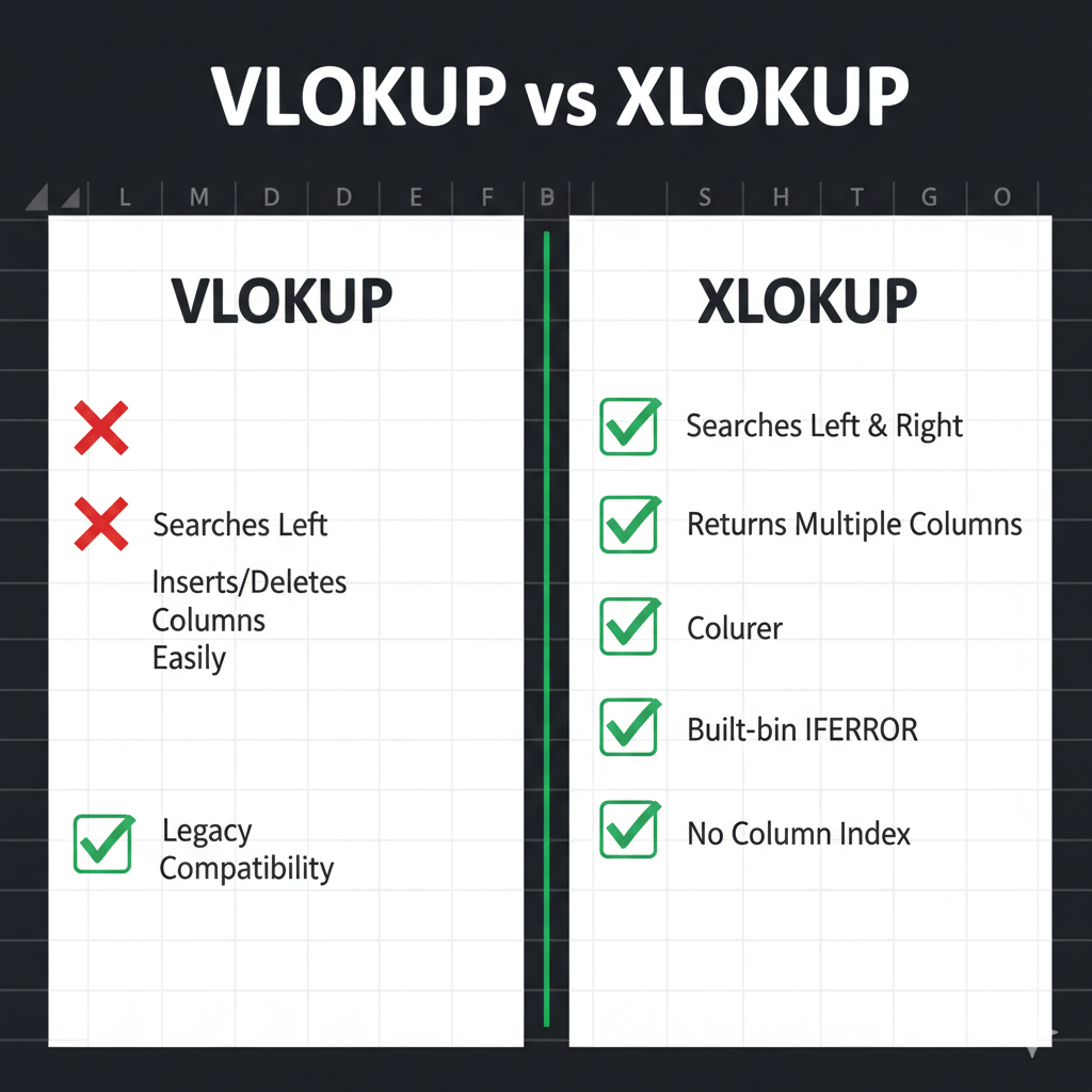 Infographic comparing VLOOKUP vs XLOOKUP features in Excel.