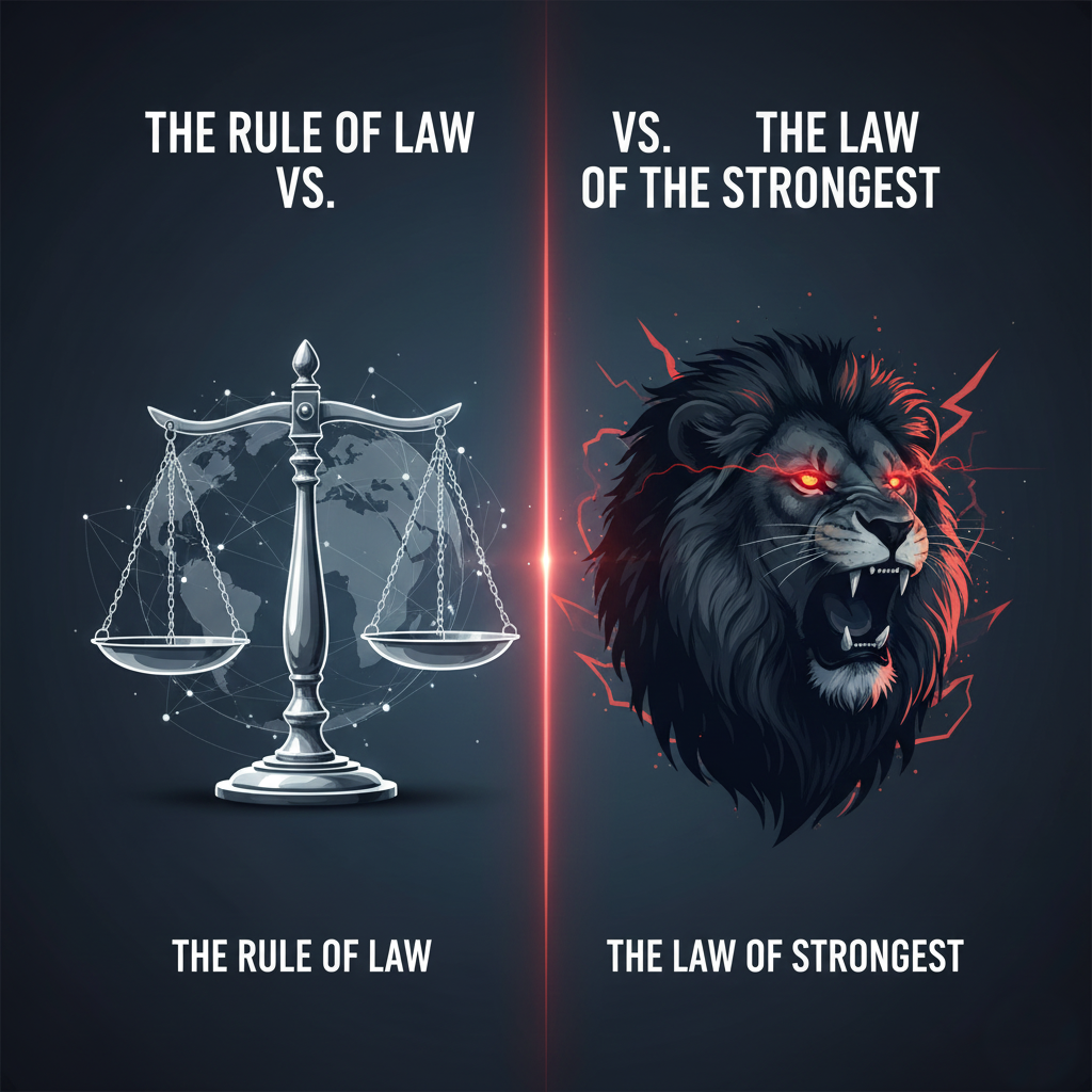 Infographic comparing international legal frameworks with power-based politics.