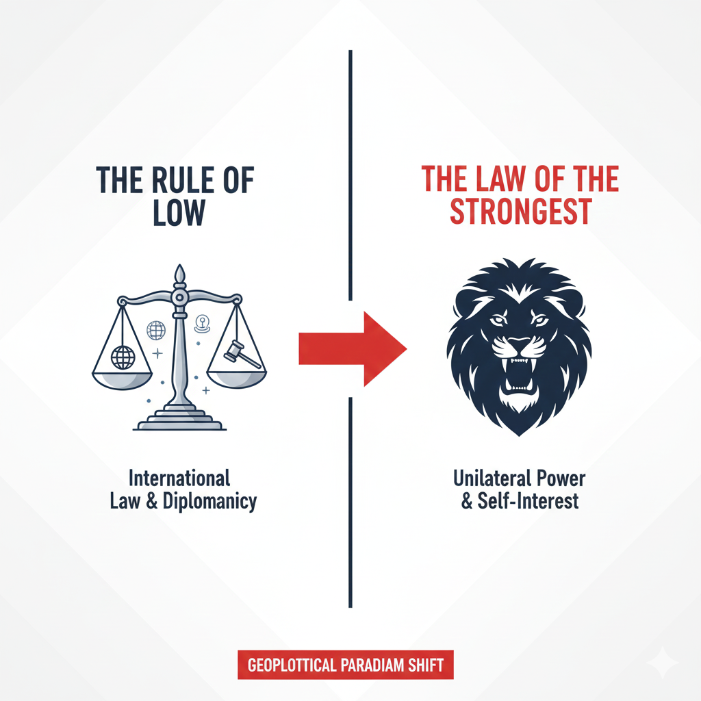 Infographic comparing international legal frameworks with power-based politics.