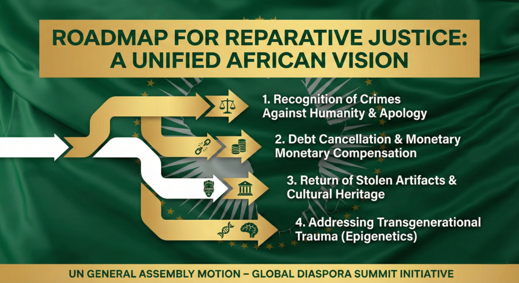 Infographic detailing President Mahama's plan for reparative justice at the UN.