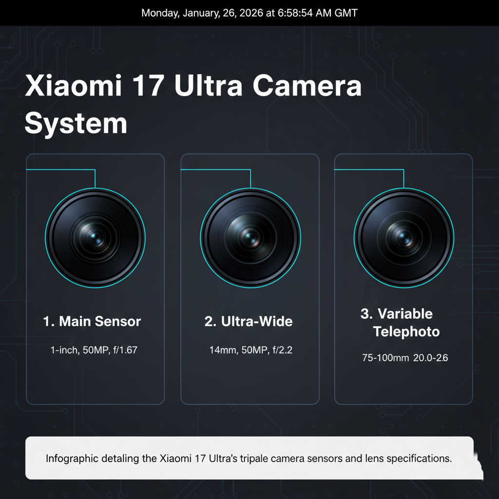 Infographic detailing the Xiaomi 17 Ultra's triple camera sensors and lens specifications.