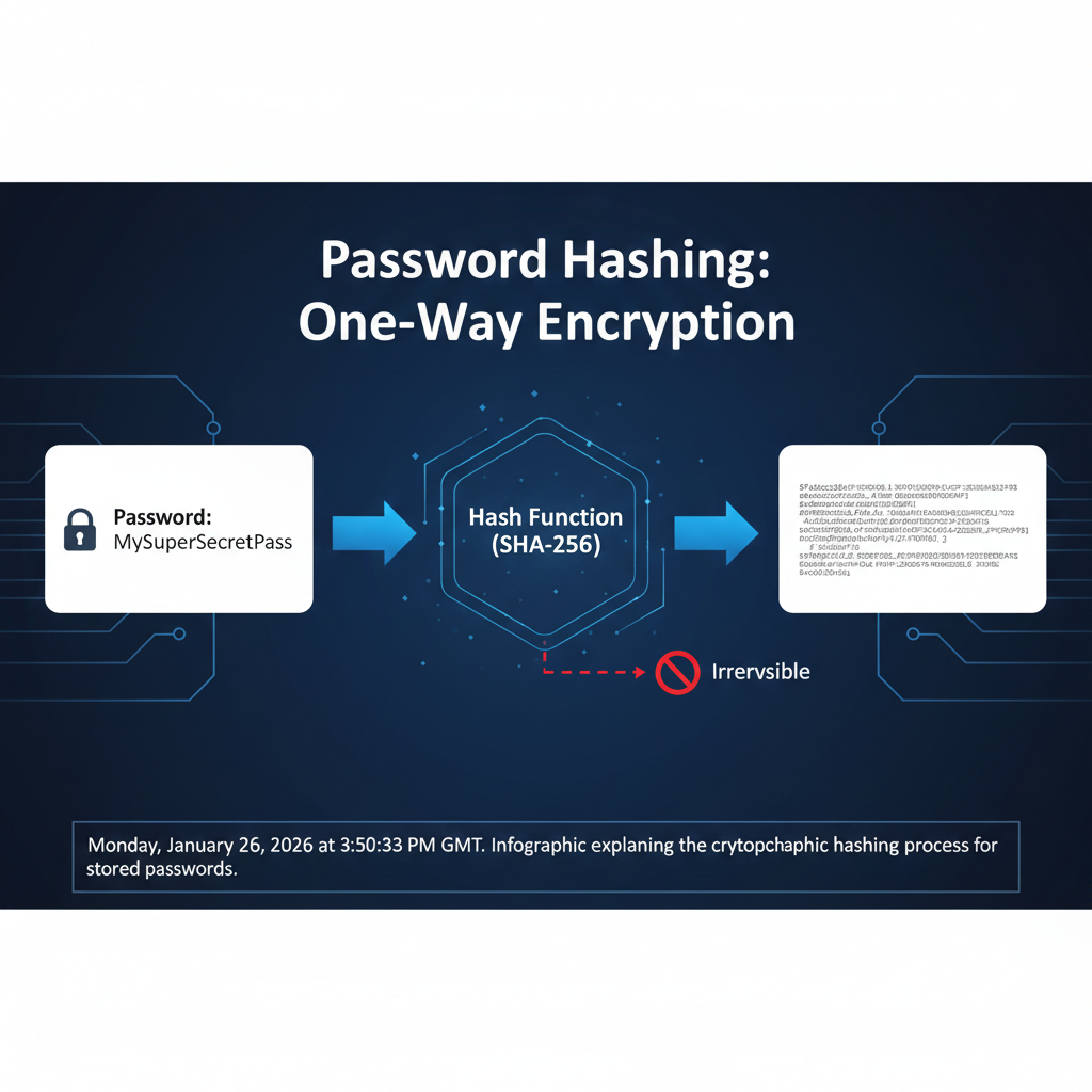Infographic explaining the cryptographic hashing process for stored passwords.