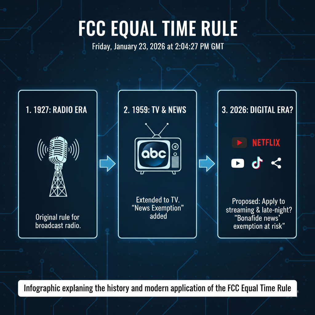 Infographic explaining the history and modern application of the FCC Equal Time Rule.