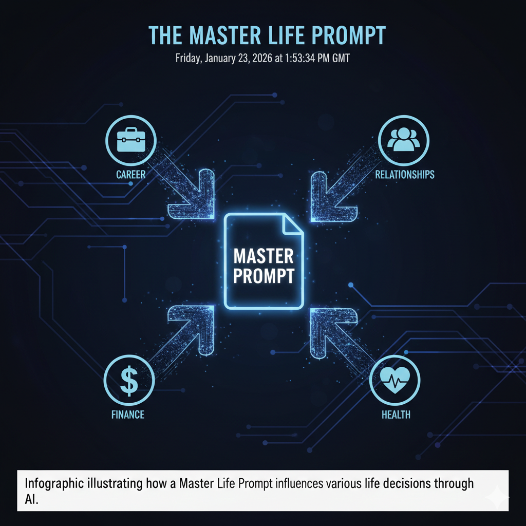 Infographic illustrating how a Master Life Prompt influences various life decisions through AI.
