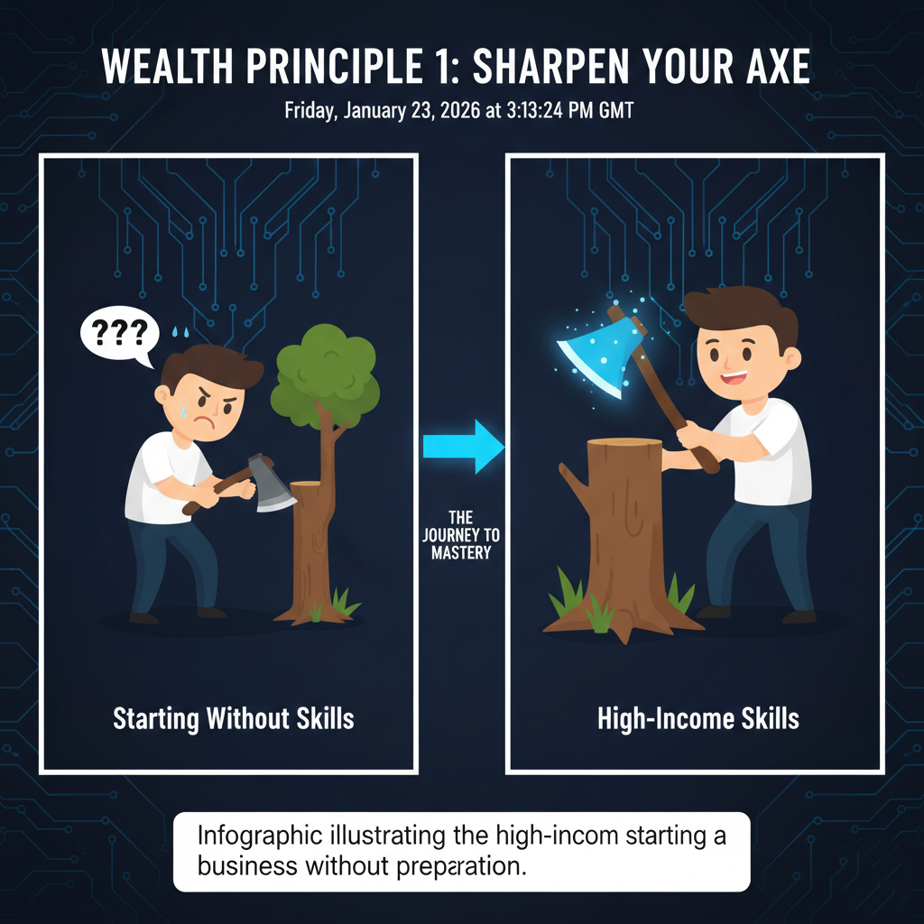 Infographic illustrating the importance of high-income skills versus starting a business without preparation.