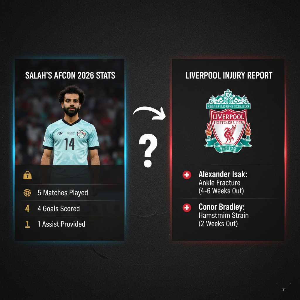 Infographic of Mohamed Salah's AFCON stats and Liverpool's injury report.