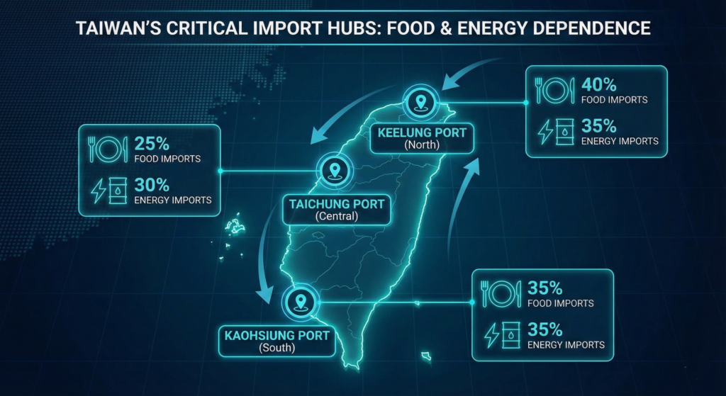 Infographic of Taiwan's strategic ports and their role in the island's resource imports.