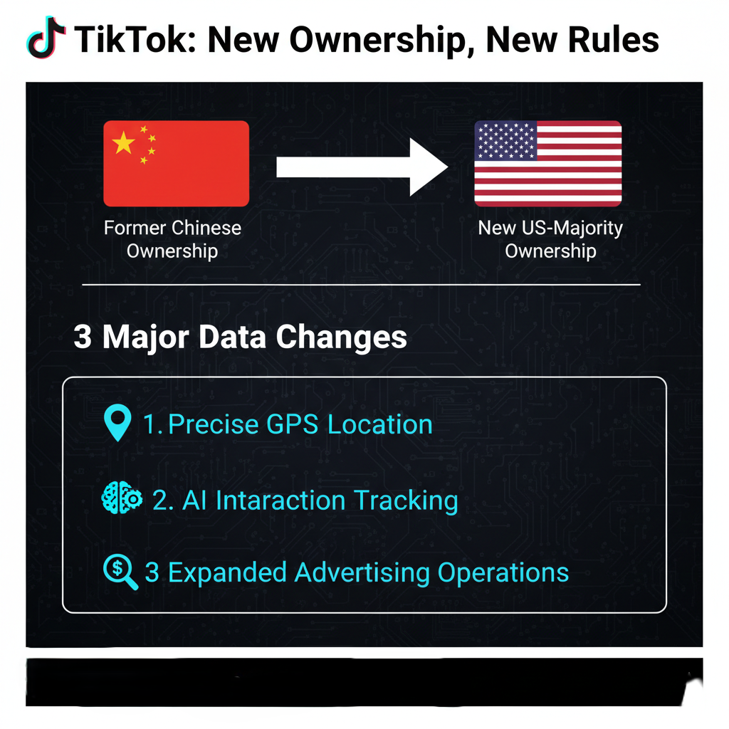 Infographic outlining TikTok's 2026 data tracking and ownership changes.