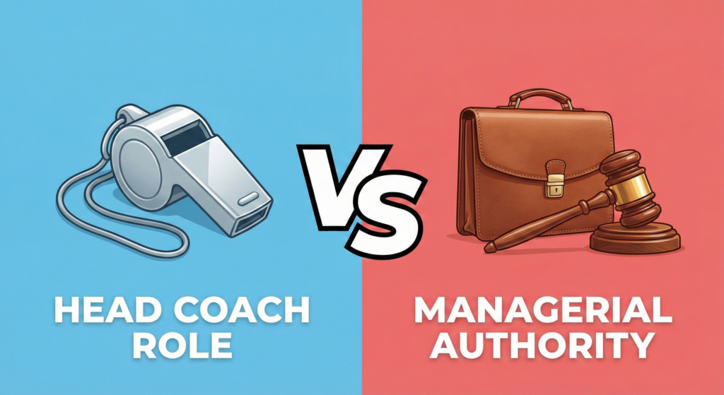Infographic representing the power struggle between the Head Coach role and Managerial authority at Manchester United.