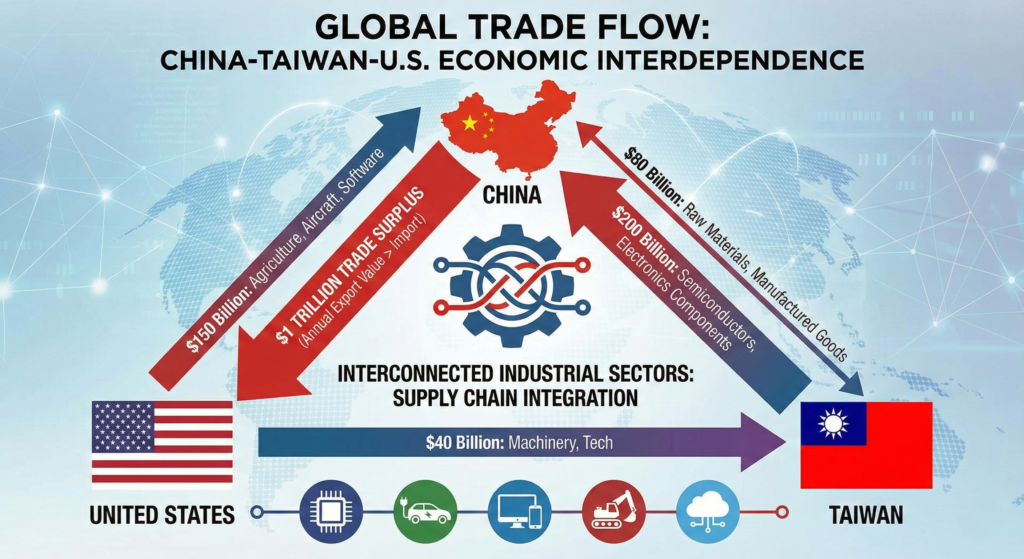 Infographic showing the economic interdependence between China, Taiwan, and the U.S. in 2026.