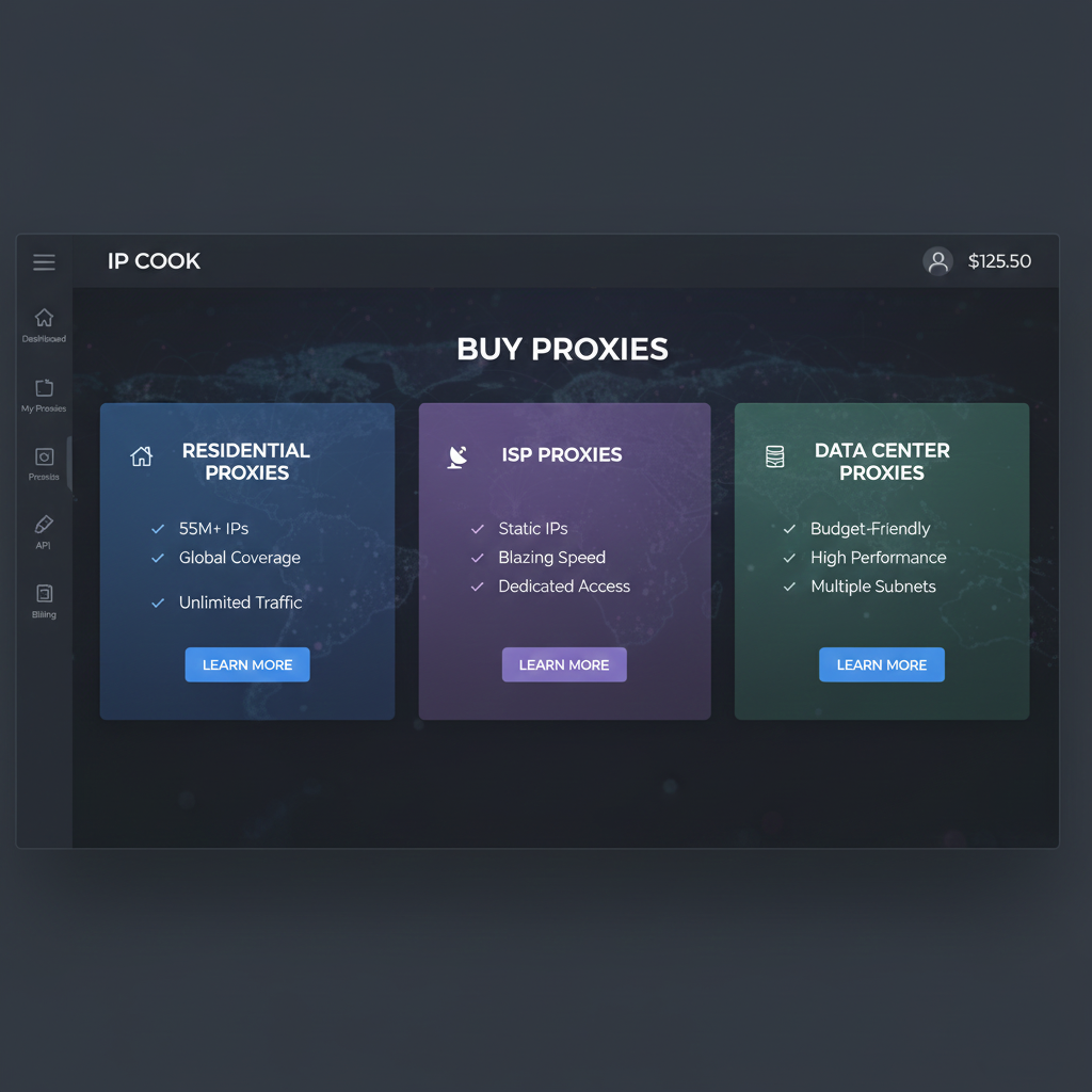 Interface of the IP Cook proxy platform showing available packages.