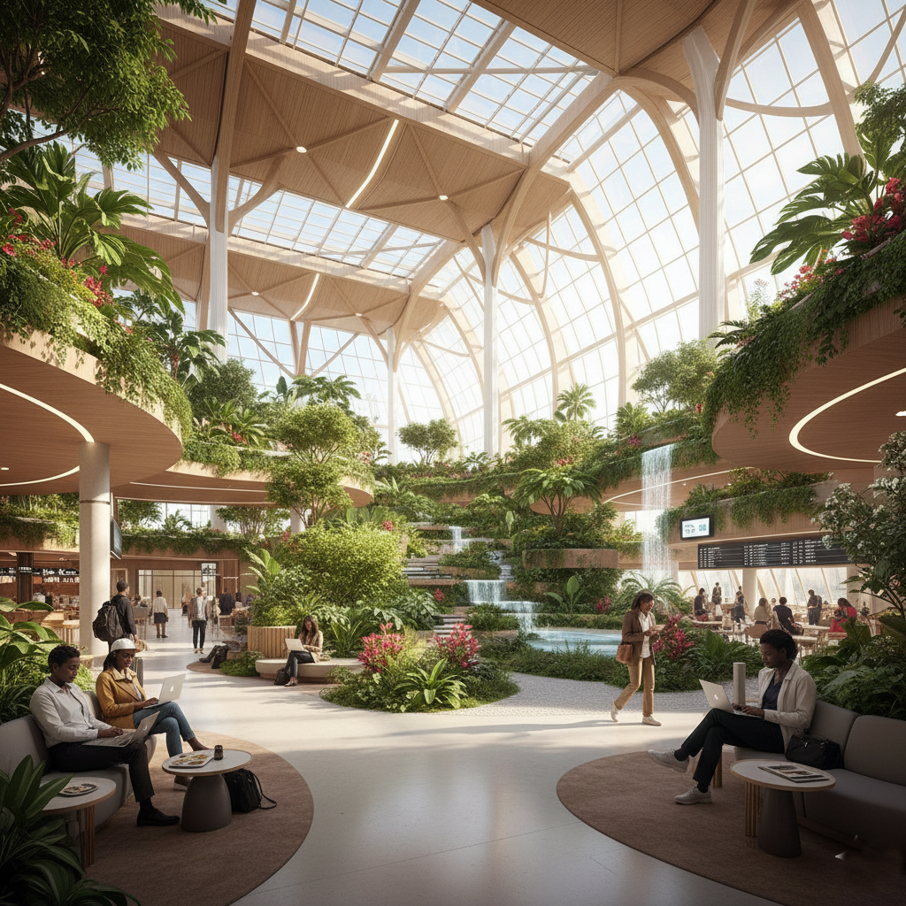 Interior design of the new Ethiopia airport terminal featuring indoor gardens and sustainable architecture.