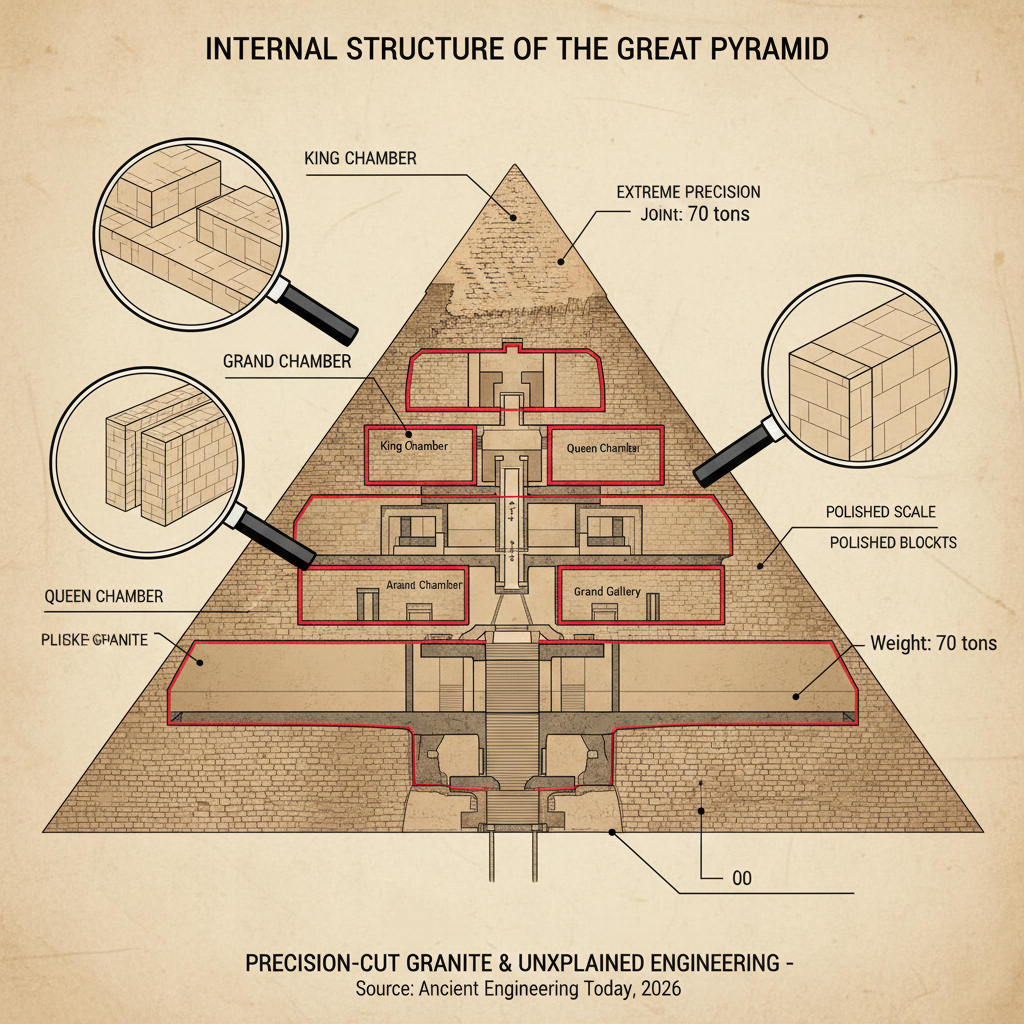 Internal diagram of the Great Pyramid of Giza showing chambers and massive stone blocks.