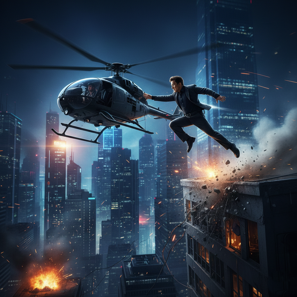 Jackie Chan performing a high-altitude stunt leap in Death Force.