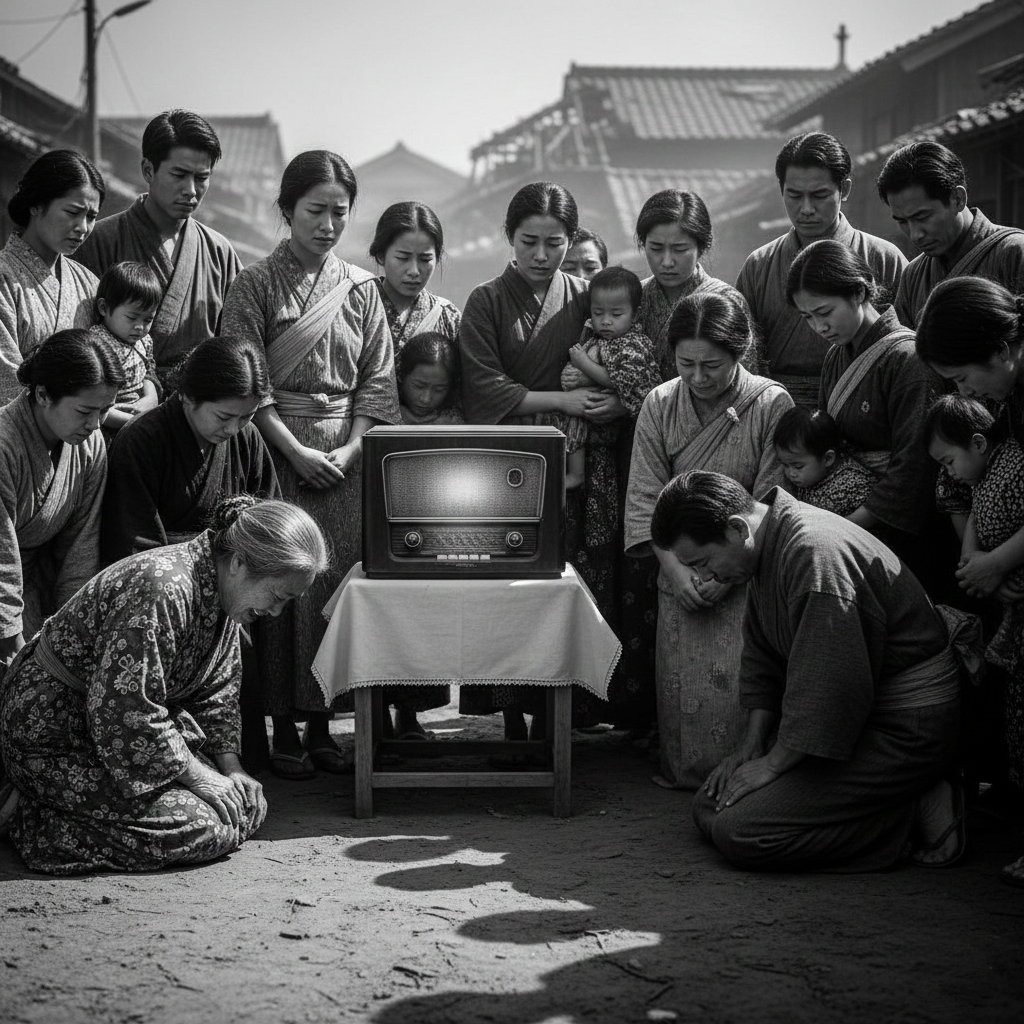 Japanese citizens listening to Emperor Hirohito's surrender broadcast on August 15, 1945.