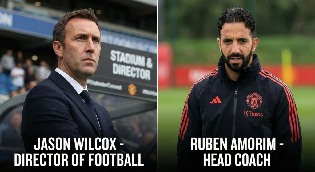 Jason Wilcox and Ruben Amorim, representing the leadership tension at Manchester United.