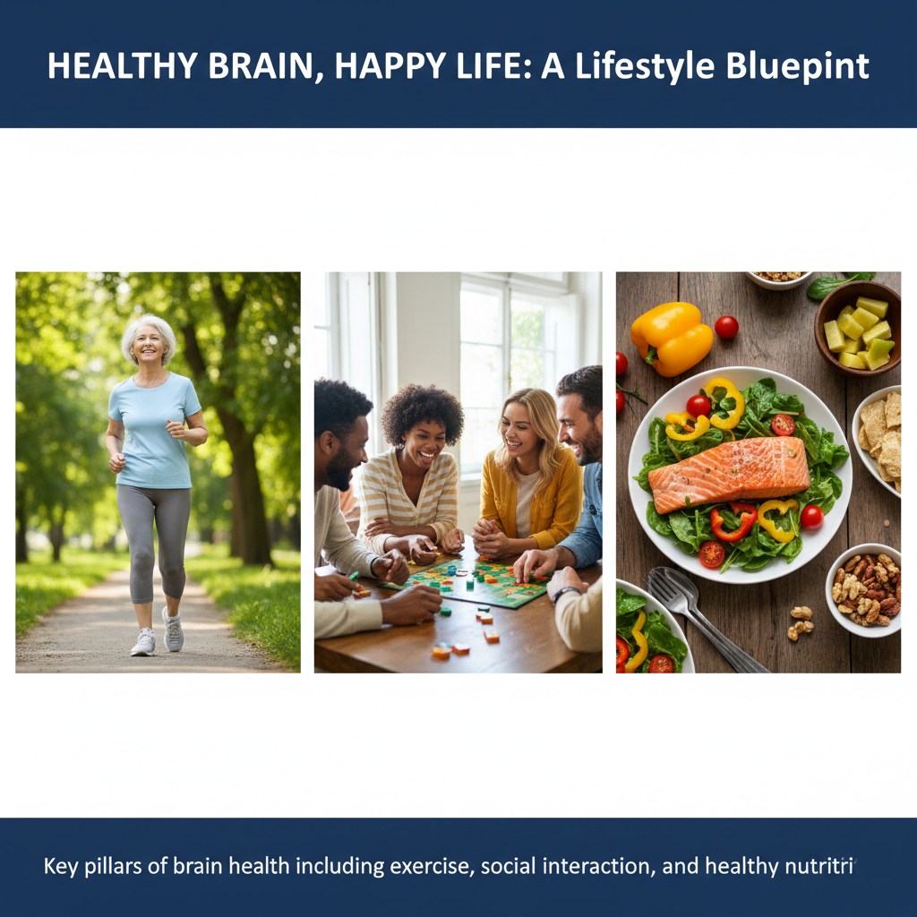 Key pillars of brain health including exercise, social interaction, and healthy nutrition.