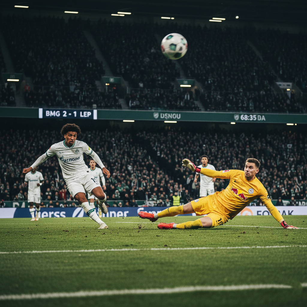 Manu Koné scoring a spectacular long-range goal for Gladbach.
