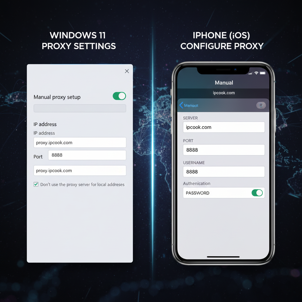 Manual proxy server setup for PC and mobile devices.
