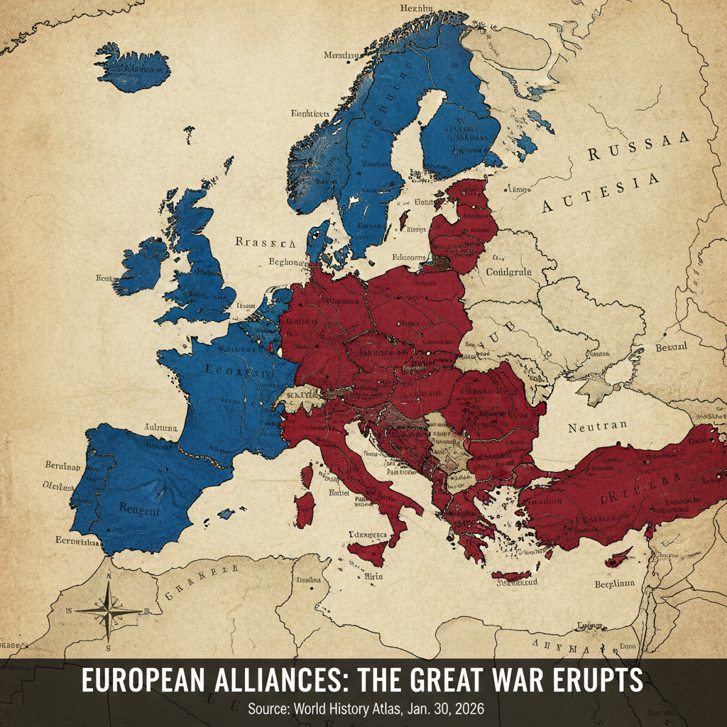 Map of European military alliances at the outbreak of World War 1 in 1914.