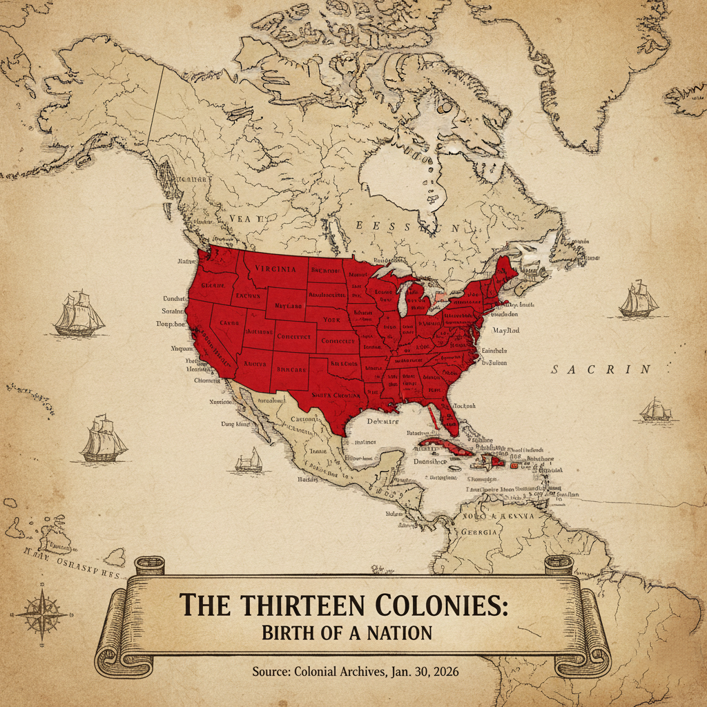 Map of the original 13 American colonies before westward expansion.