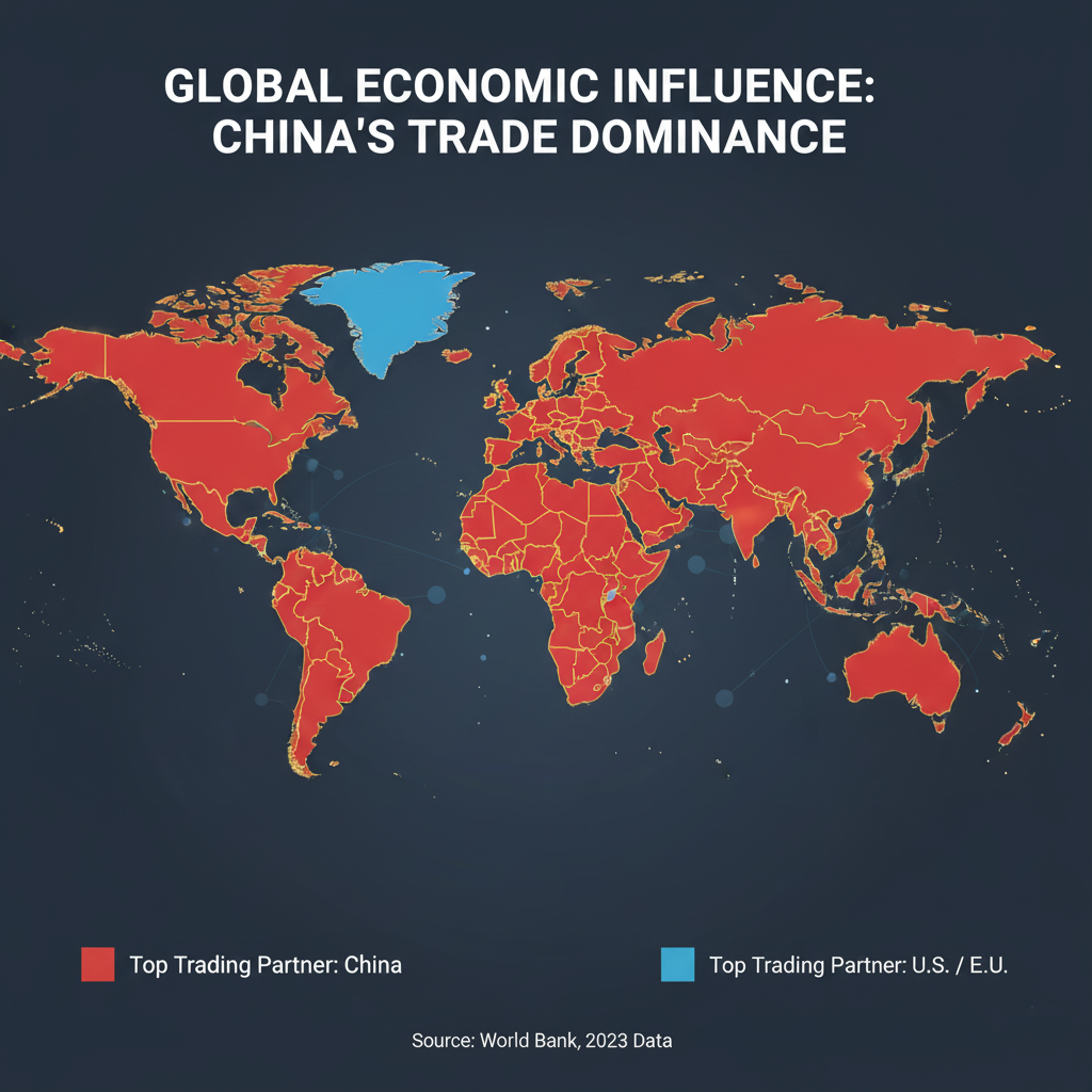 Map showing China as the top trading partner for the majority of the world.