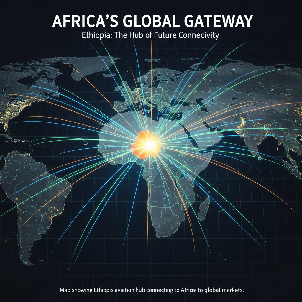 Map showing Ethiopia as a central aviation hub connecting Africa to global markets.