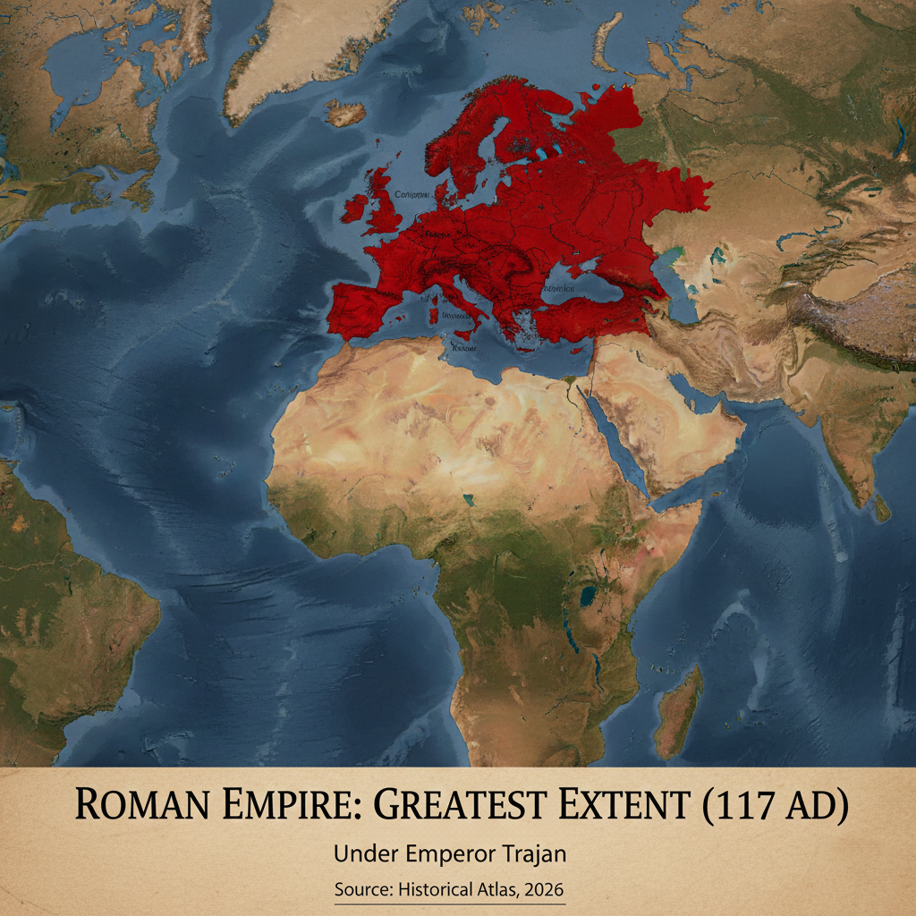 Map showing the territorial reach of the Roman Empire at its peak.