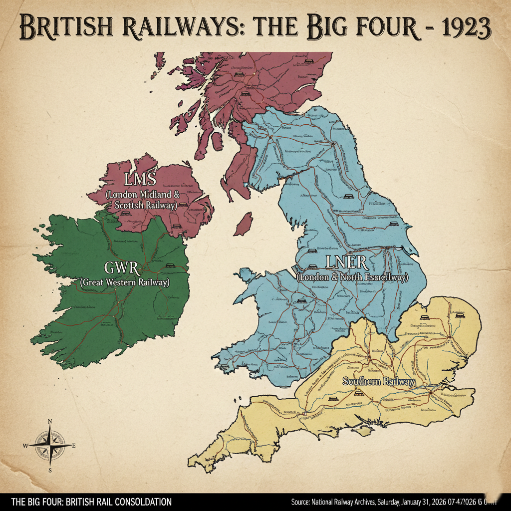 Map showing the territories of the Big Four British railway companies in 1923.