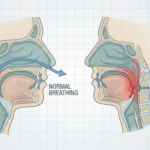 Medical illustration comparing a normal open airway with an obstructed airway characteristic of sleep apnea.