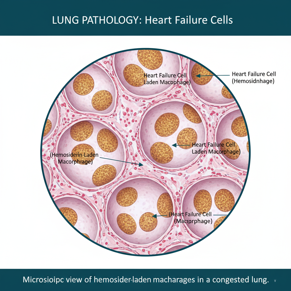 Microscopic view of heart failure cells in a congested lung.