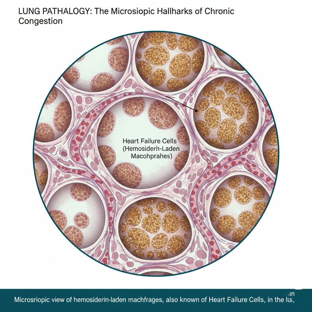 Microscopic view of hemosiderin-laden macrophages, also known as Heart Failure Cells, in the lung.