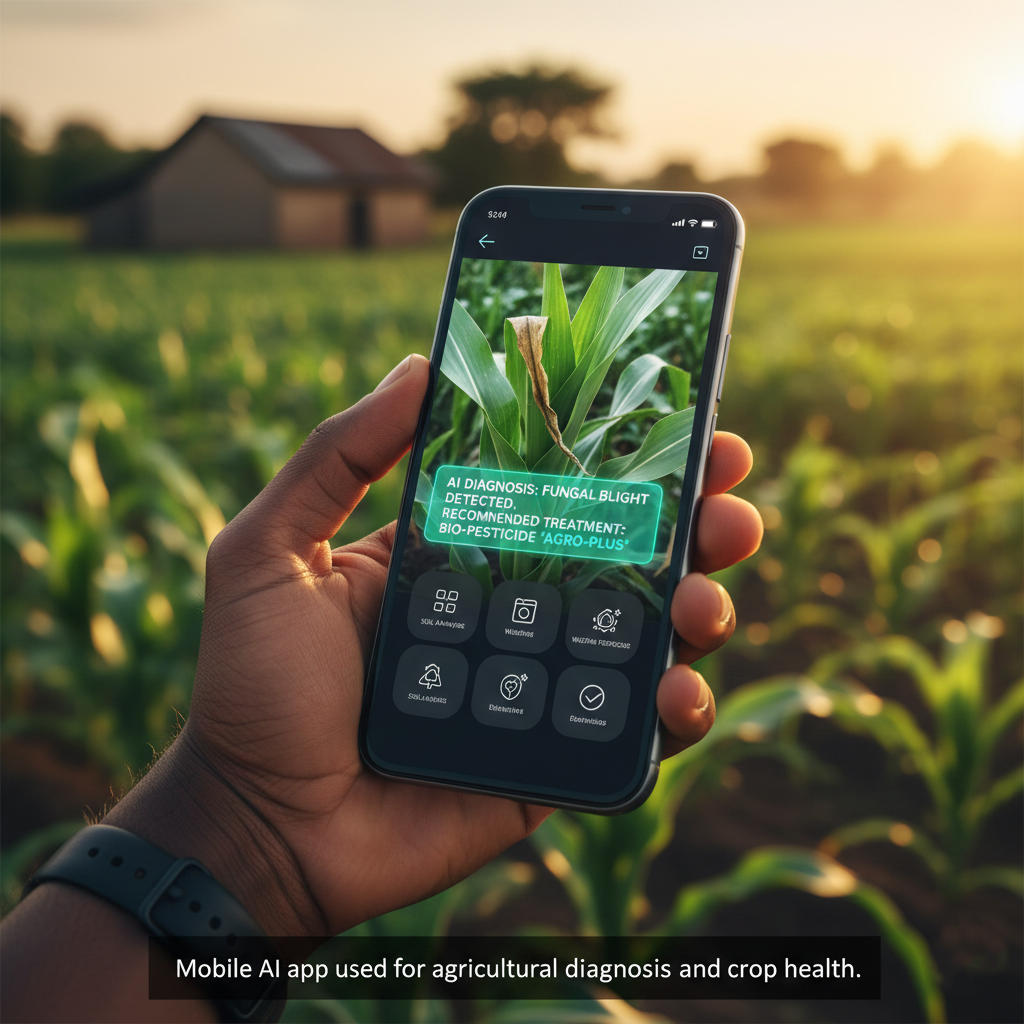 Mobile AI app used for agricultural diagnosis and crop health.