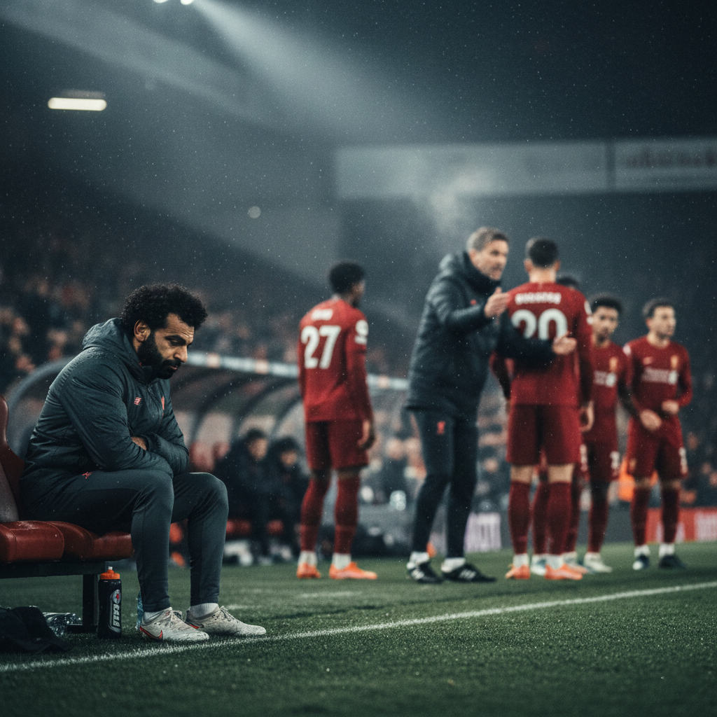 Mohamed Salah on the bench as Arne Slot manages from the touchline.