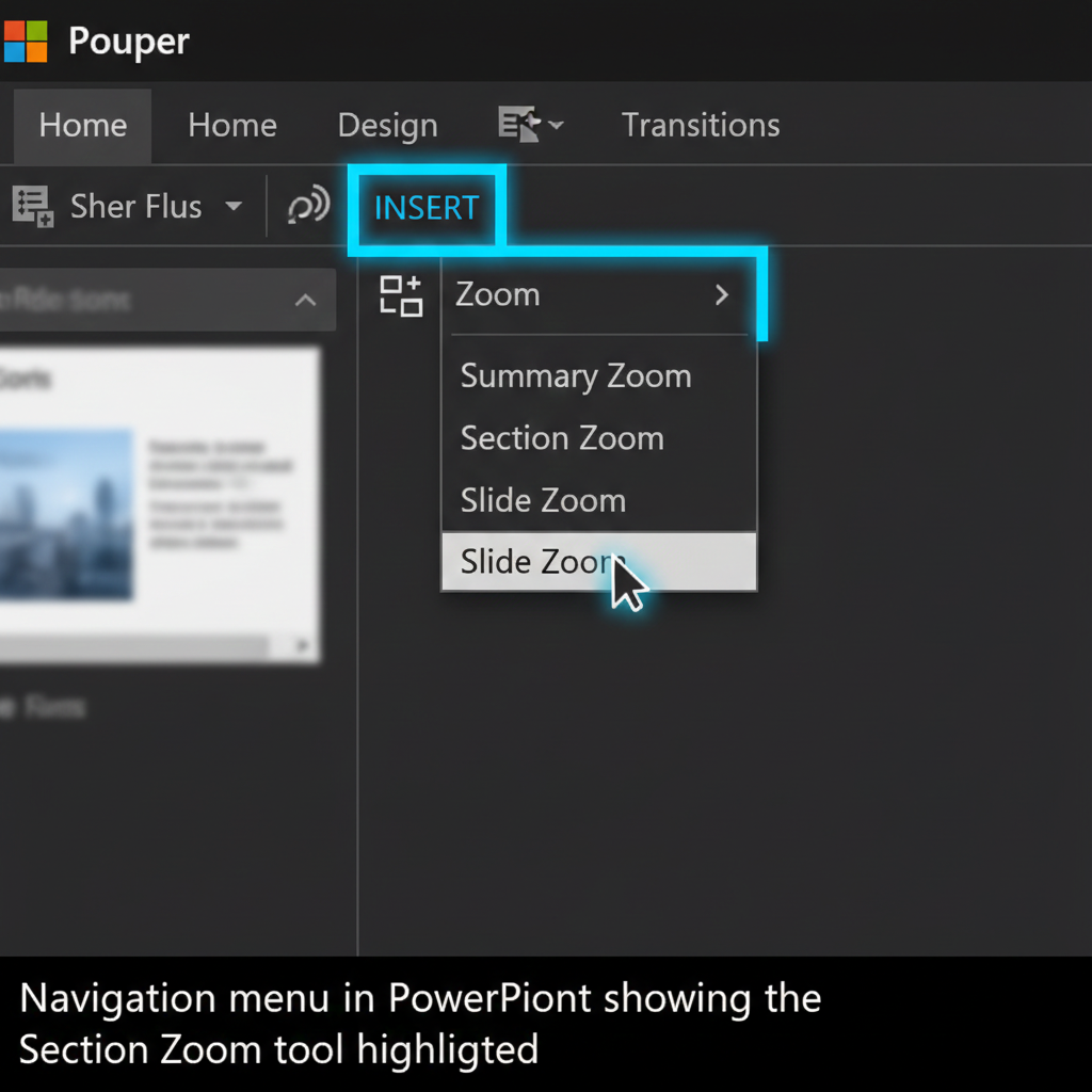 Navigation menu in PowerPoint showing the Section Zoom tool highlighted.