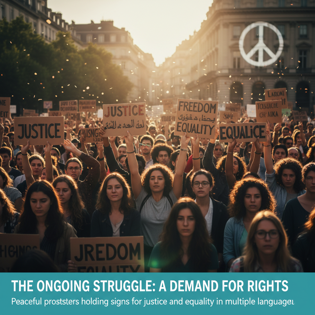 Peaceful protesters holding signs for justice and equality in multiple languages.
