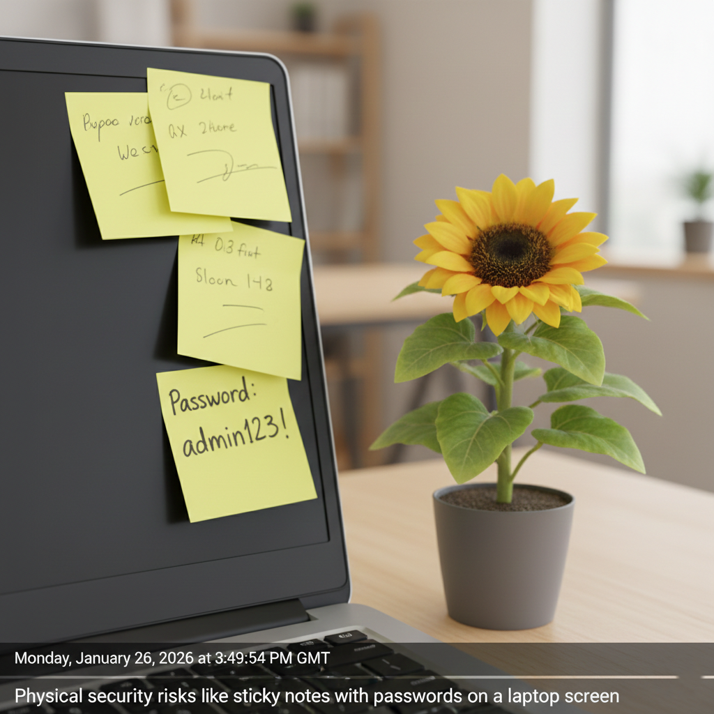 Physical security risks like sticky notes with passwords on a laptop screen.