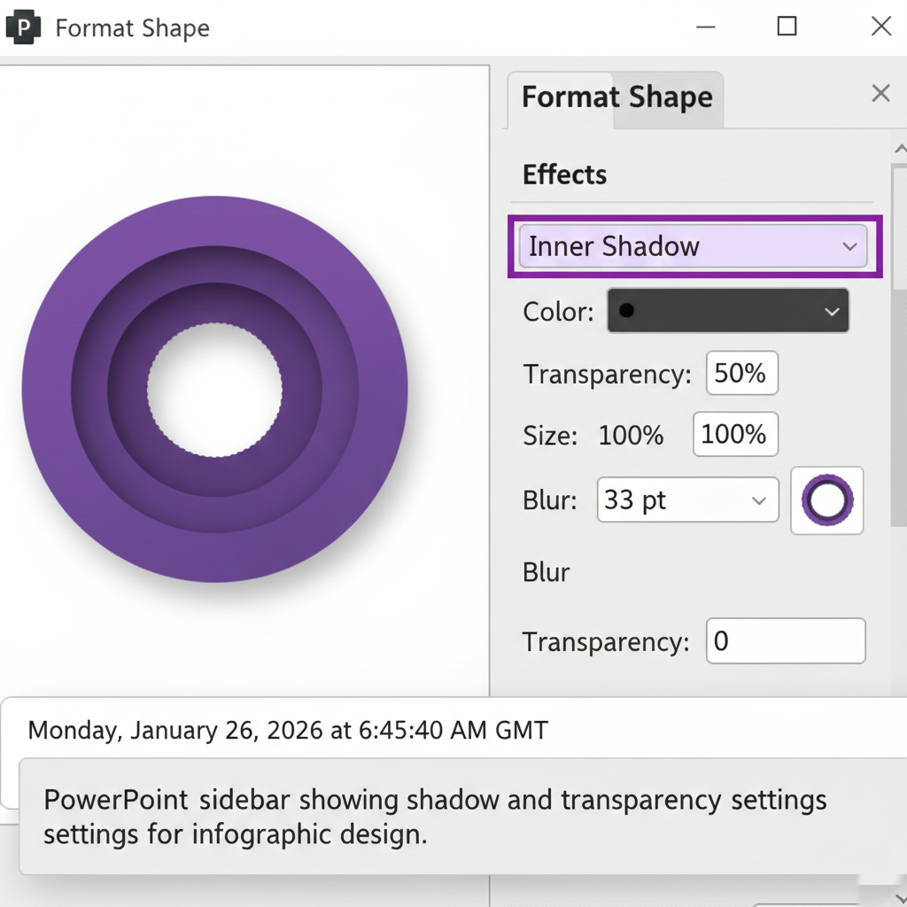 PowerPoint sidebar showing shadow and transparency settings for infographic design.